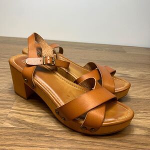 Mia Platform Jully Sandals 9M Brown 70s Y2k Wooden Clog Chunky Heel Studs Boho